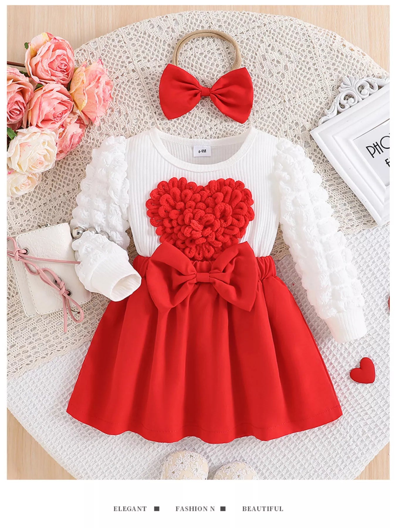 Children's Heart Bowknot Decor Dress with Headband - Farnelli