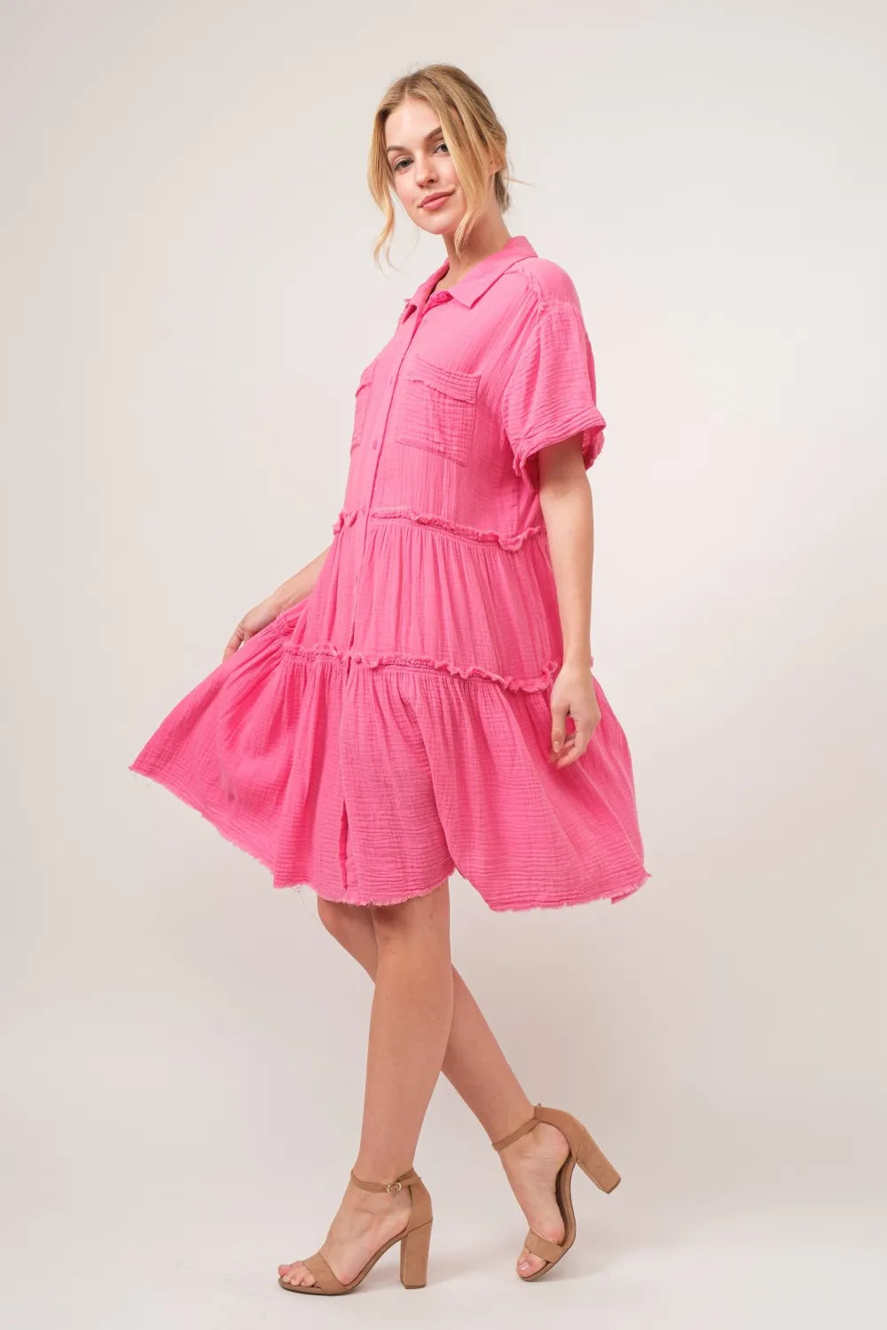 And The Why Full Size Raw Edge Washed Tiered Shirt Dress - Farnelli