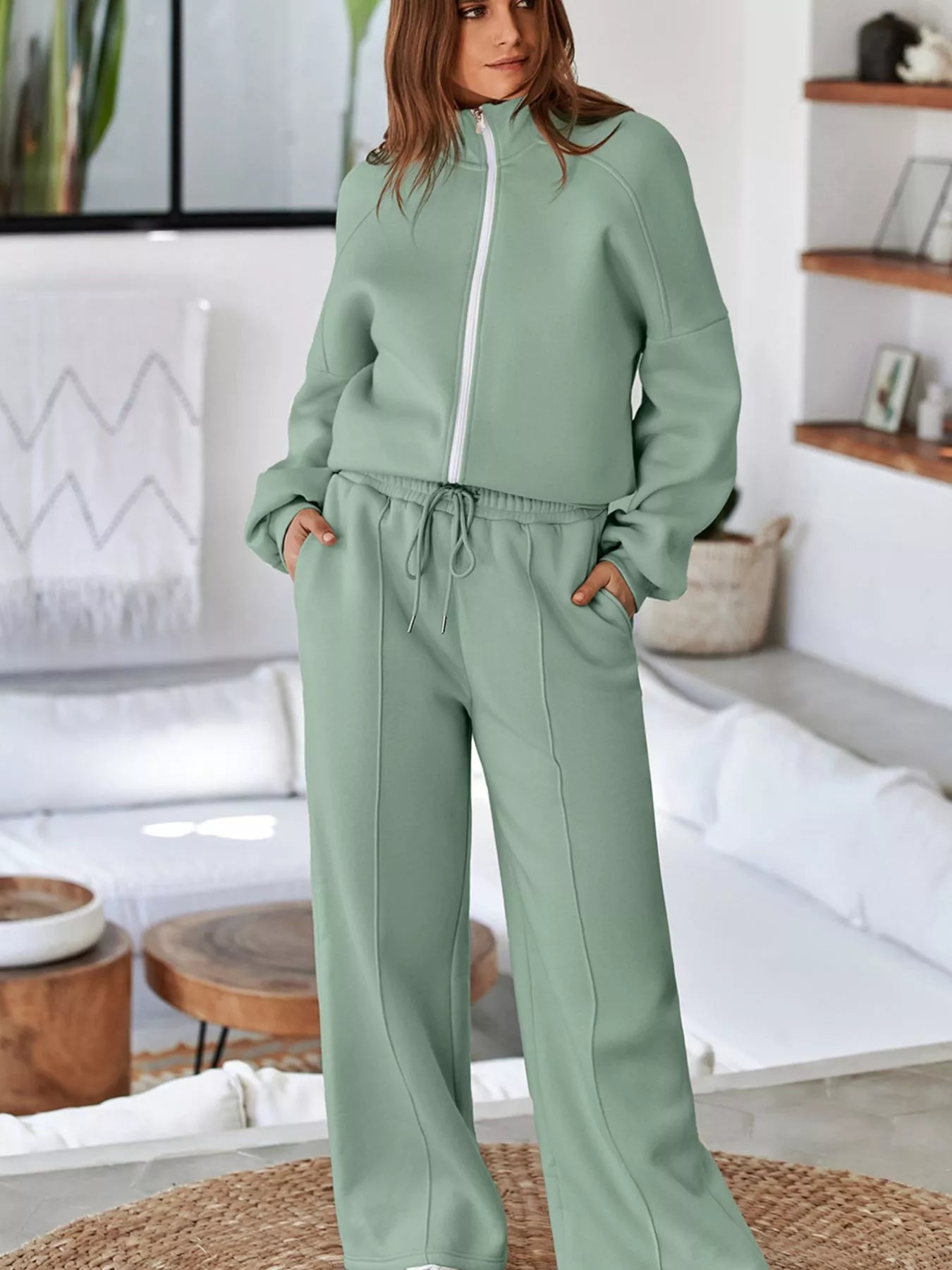 Drop Shoulder Zip Up Jacket and Drawstring Pants Active 2pcs Set - Farnelli
