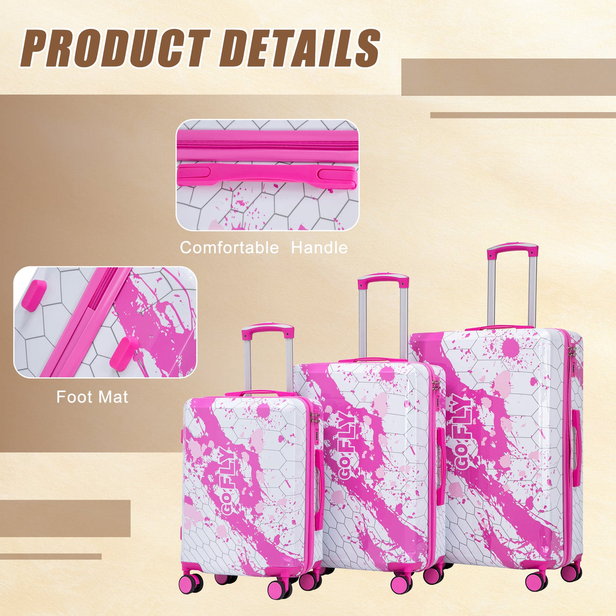 HouseOfZazla pink 3-piece hard case spinner luggage set with telescopic handles