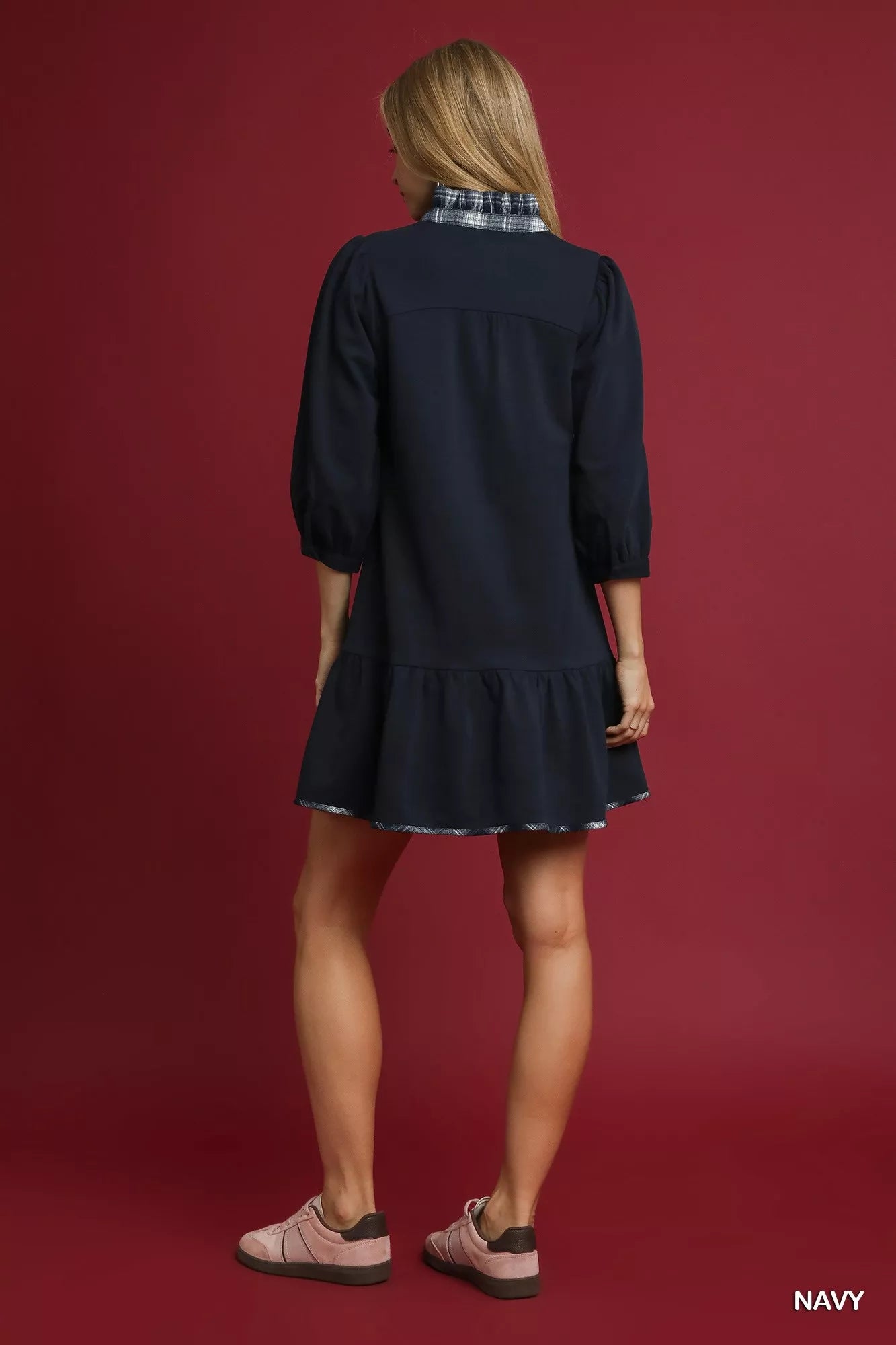 Umgee French Terry Ruffle Hem Dress with Plaid Trim - Farnelli