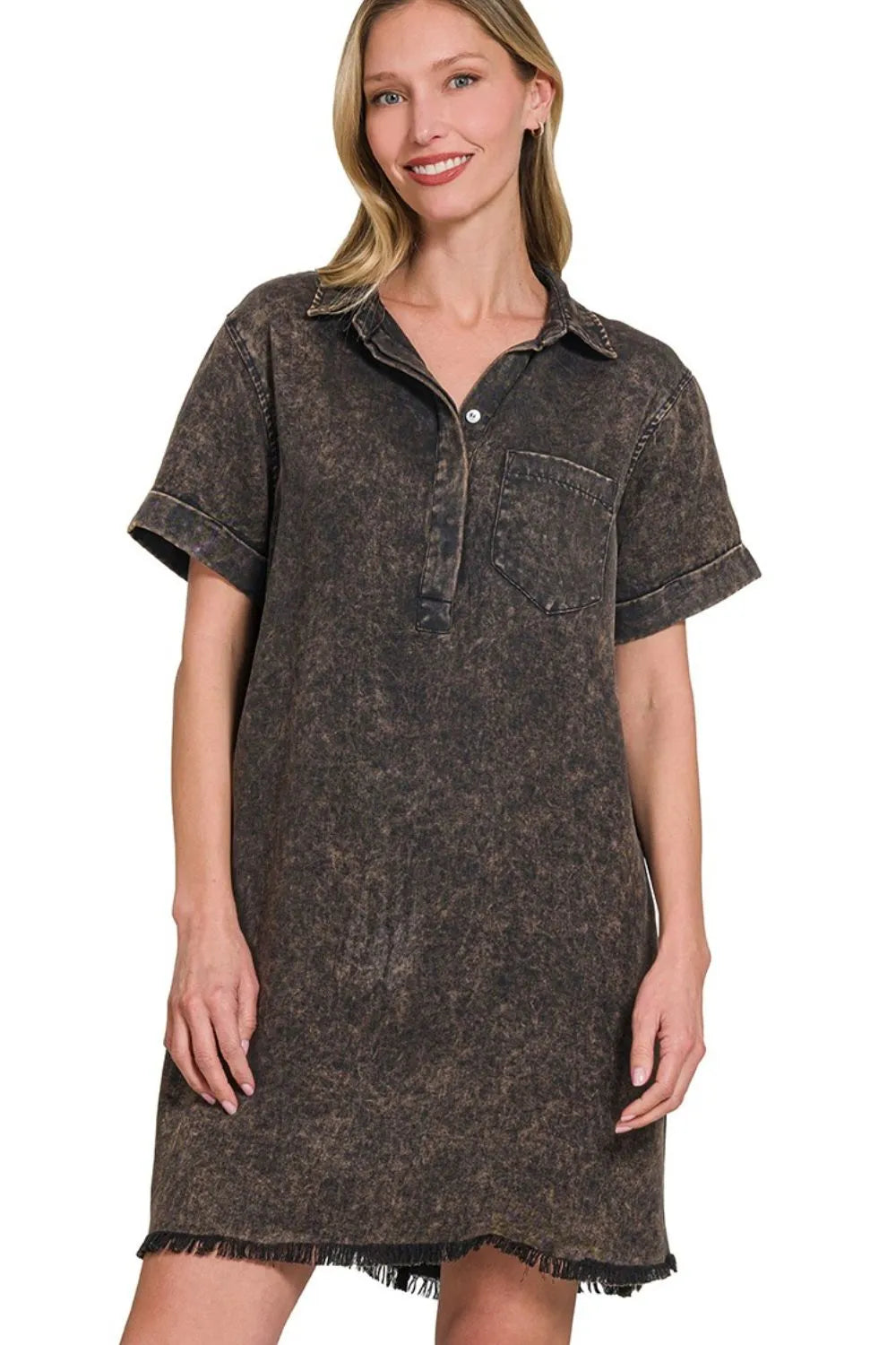 Zenana Tencel Mineral Washed Collared Shirts Dress - Farnelli