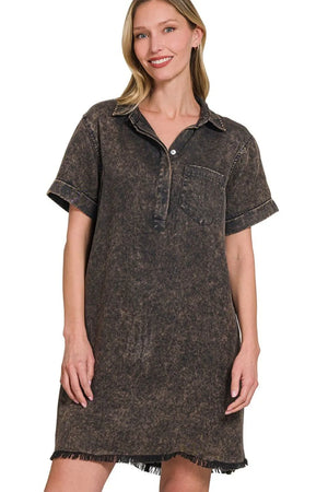 Zenana Tencel Mineral Washed Collared Shirts Dress - Farnelli