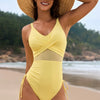 Drawstring Ruched V-Neck One-Piece Swimwear - Light Yellow