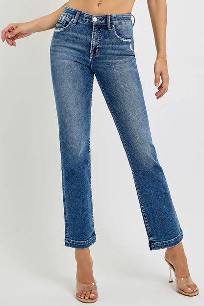 RISEN Full Size Tummy Control Elastic Band Mid Rise Straight Jeans Plus Size - Farnelli