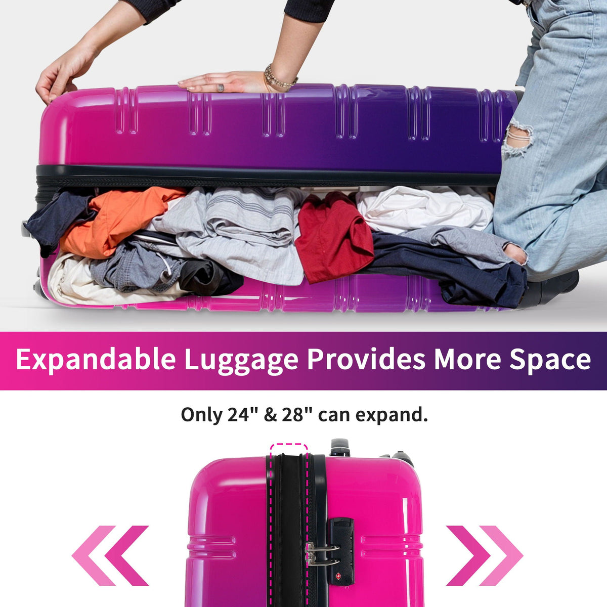 HouseOfZazla gradient color hardshell luggage set with spinner wheels and TSA lock in light blue or purple