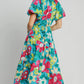 Umgee Full Size Tiered Floral Print Notched Puff Sleeve Midi Dress Plus Size - Farnelli