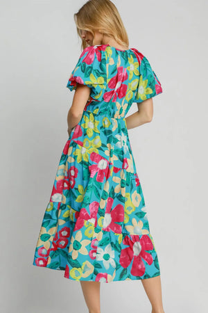 Umgee Full Size Tiered Floral Print Notched Puff Sleeve Midi Dress Plus Size - Farnelli