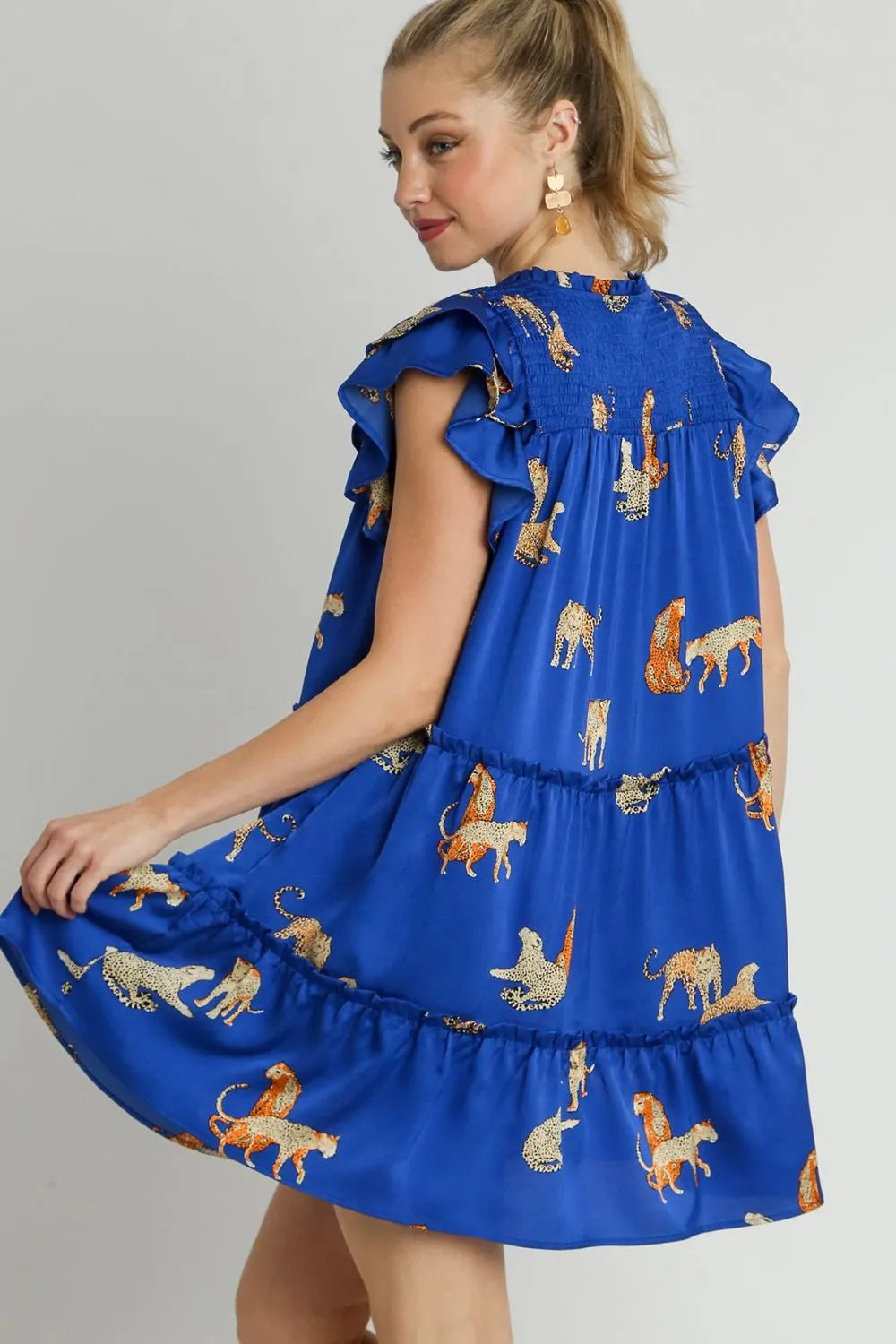 Umgee Full Size Cheetah Print Notched Ruffle Layered Cap Sleeve Mini Dress Plus Size - Farnelli