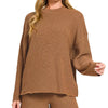 Zenana Round Neck Knit Top and Shorts Sweater Set - DEEP CAMEL