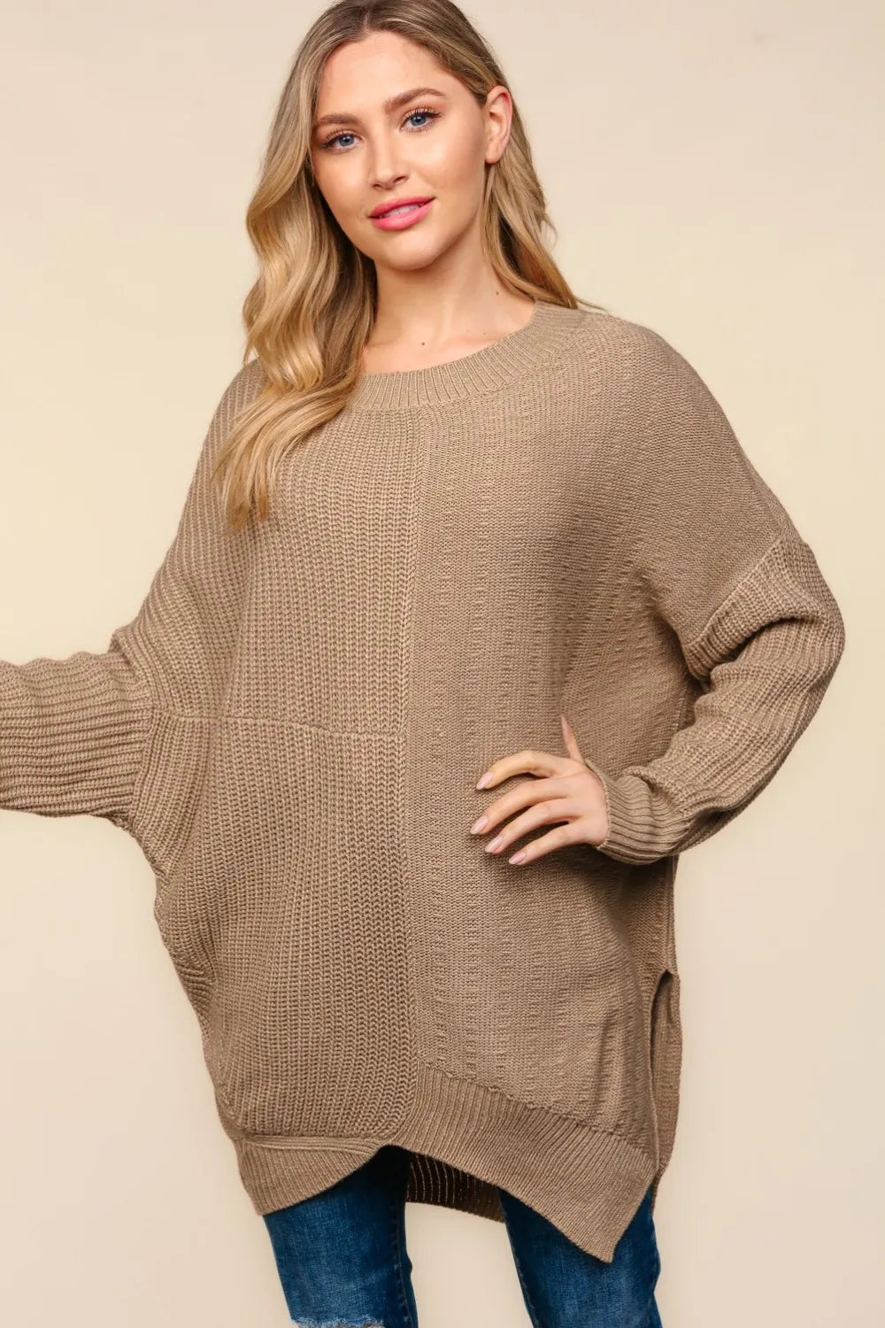 Haptics Full Size Side Slit Texture Asymmetric Sweater - Farnelli