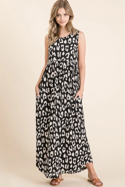 BOMBOM Leopard Maxi Dress with Pockets - Farnelli
