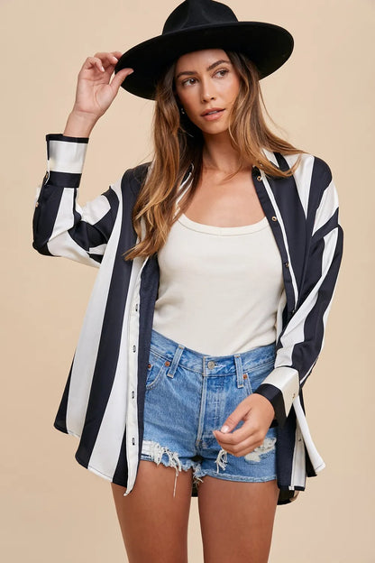 Annie Wear Striped Dropped Shoulder Button Up Shirt - Farnelli
