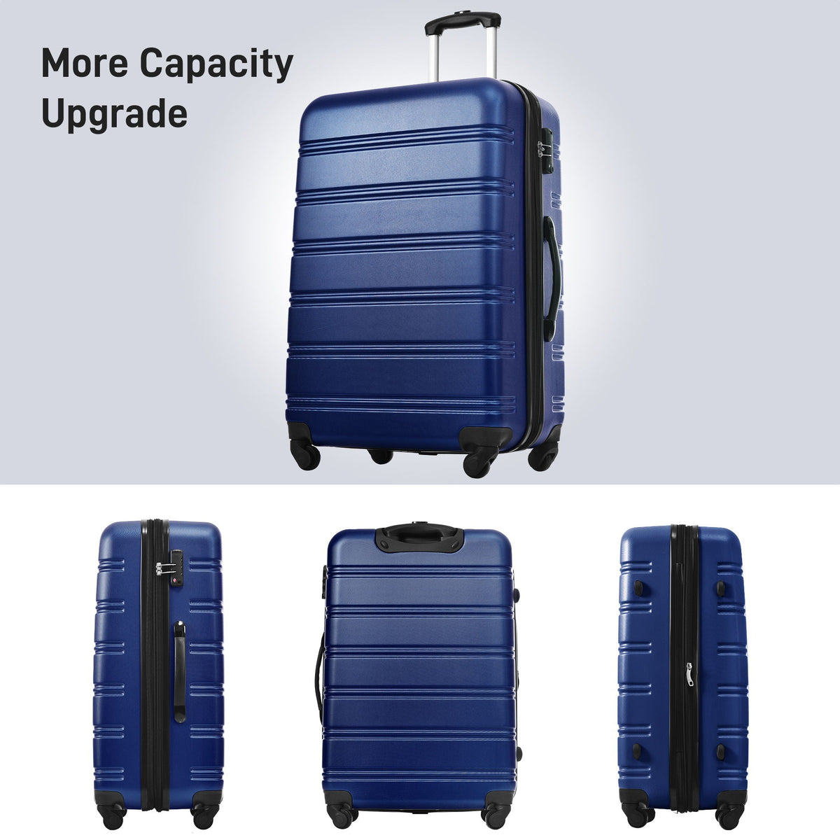 HouseOfZazla 3-piece hardside spinner luggage set in blue, purple, pink, and beige with TSA locks