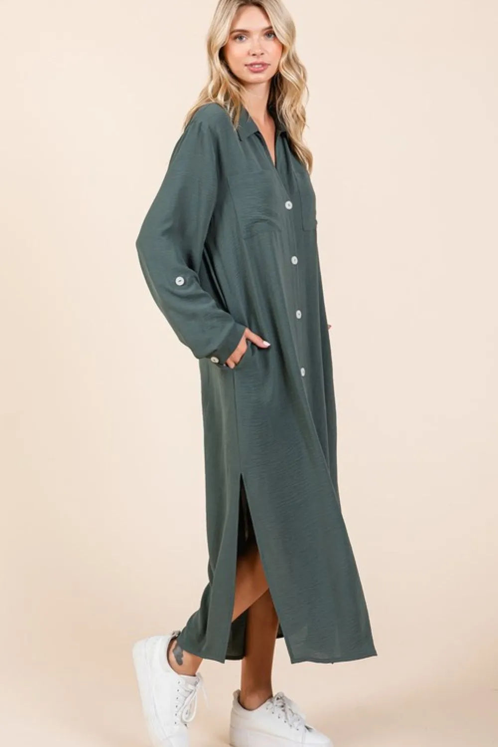 Mittoshop Airflow V-Neck Long Sleeve Button Down Maxi Dress - Farnelli