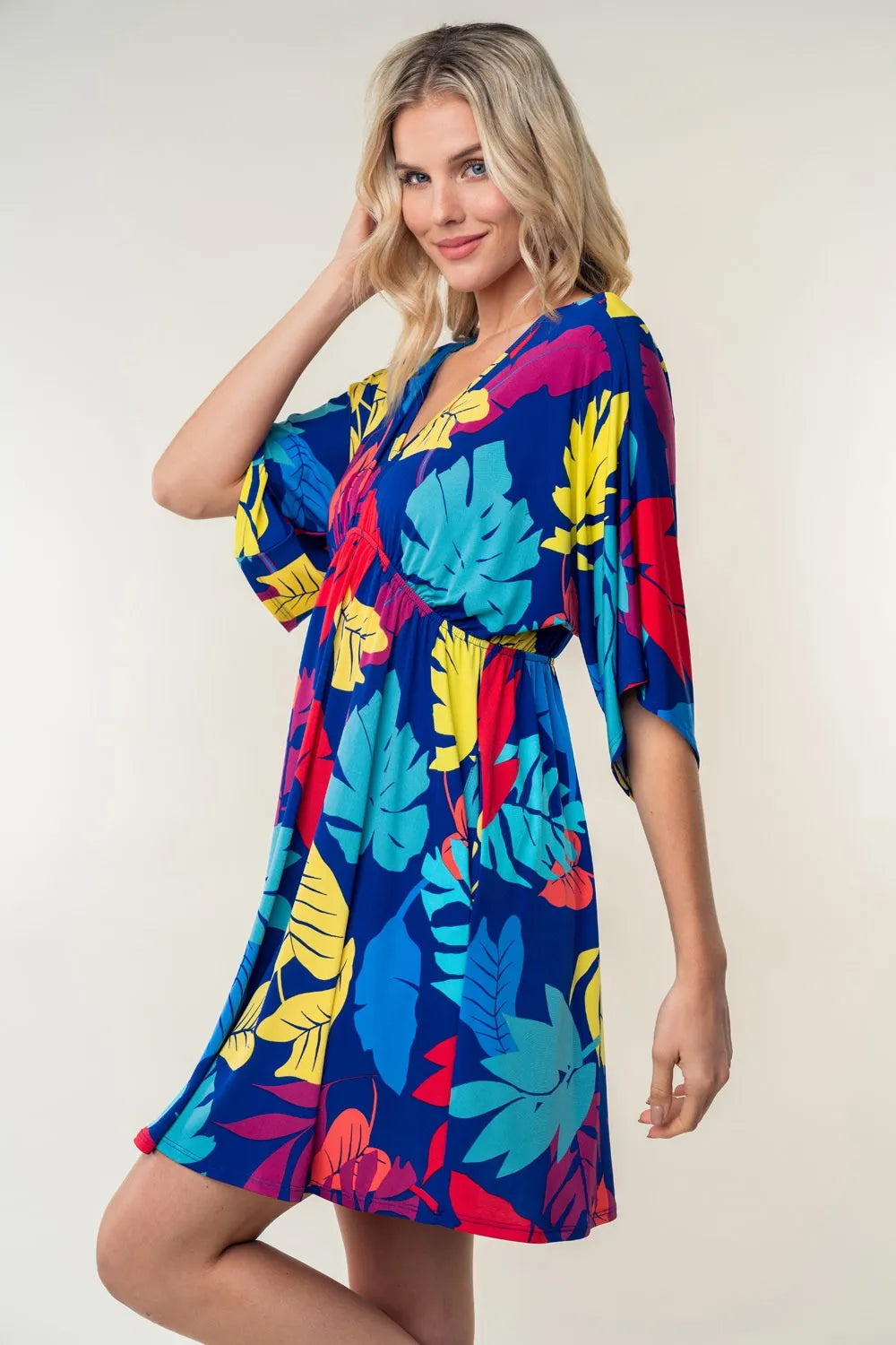 White Birch Full Size Printed V-Neck Mini Dress - Farnelli