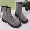 Leopard Round Toe Block Heels Boots - Gray