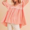 Aemi + Co High-Low Frayed Hem V-Neck Blouse - Watermelon pink