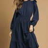 Umgee Textured Midi Dress with Ruffle Shoulder Detail - Navy