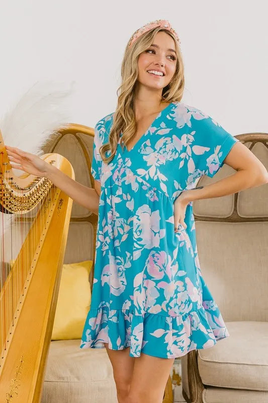 BiBi Floral Crinkle Shirred Ruffle Detail V Neck Dress - Farnelli