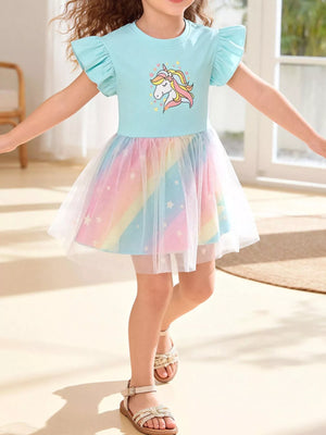 Children's Unicorn Graphic Rainbow Tulle Layered Dress - Farnelli