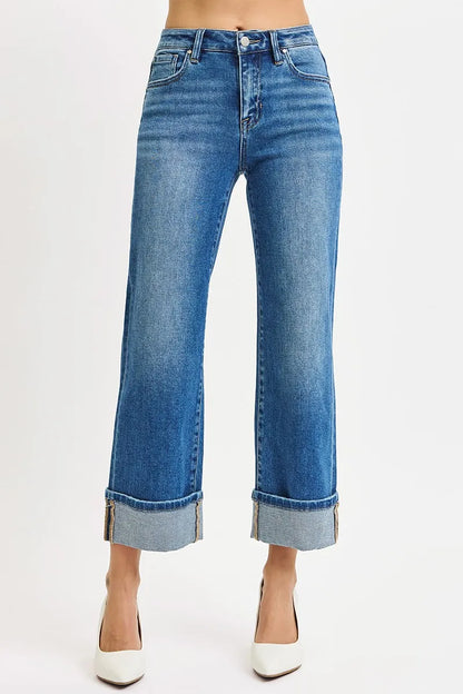 RISEN Full Size Mid Rise Crop Straight Cuffed Jeans Plus Size - Farnelli