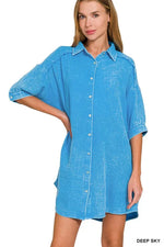 Zenana Washed Double Gauze Button Down Shirt Dress - Farnelli