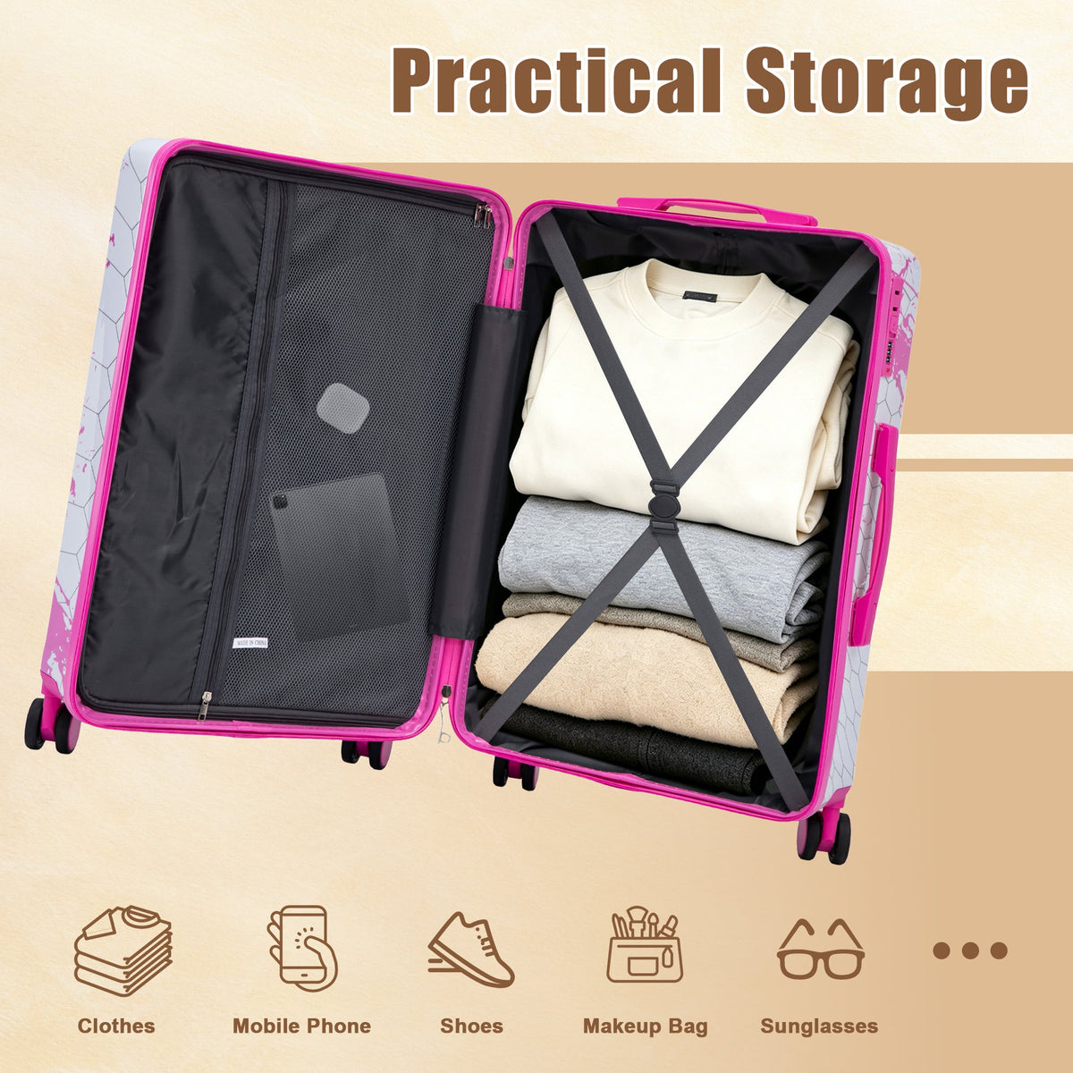 HouseOfZazla pink 3-piece spinner wheel hard case luggage set with telescopic handles