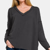 Zenana Texture Exposed Seam V-Neck Long Sleeve T-Shirt - Black