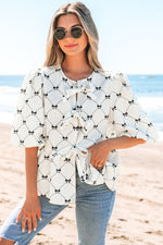 Ezra Bowknot Print Front Knots Bubble Sleeve Blouse - Farnelli