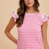 Annie Wear Ruffled Striped Round Neck Cap Sleeve Knit Top - Pink