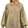 Zenana Acid Wash Exposed-Seam High Low Sweatshirt - MOCHA