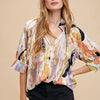 Annie Wear Multi Color Printed V-Neck Open Woven Blouse Top - TAUPE/LILAC MULTI
