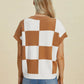 Double Take Full Size Checkered Round Neck Short Sleeve Sweater - Farnelli