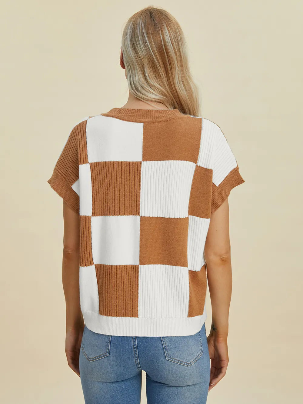 Double Take Full Size Checkered Round Neck Short Sleeve Sweater - Farnelli