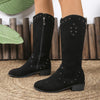 Studded Mid-Calf Boots with Side Zipper Closure - Black