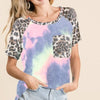 BiBi Tie Dye Knit Top with Leopard Raglan Sleeves - CHARCOAL TIEDYE