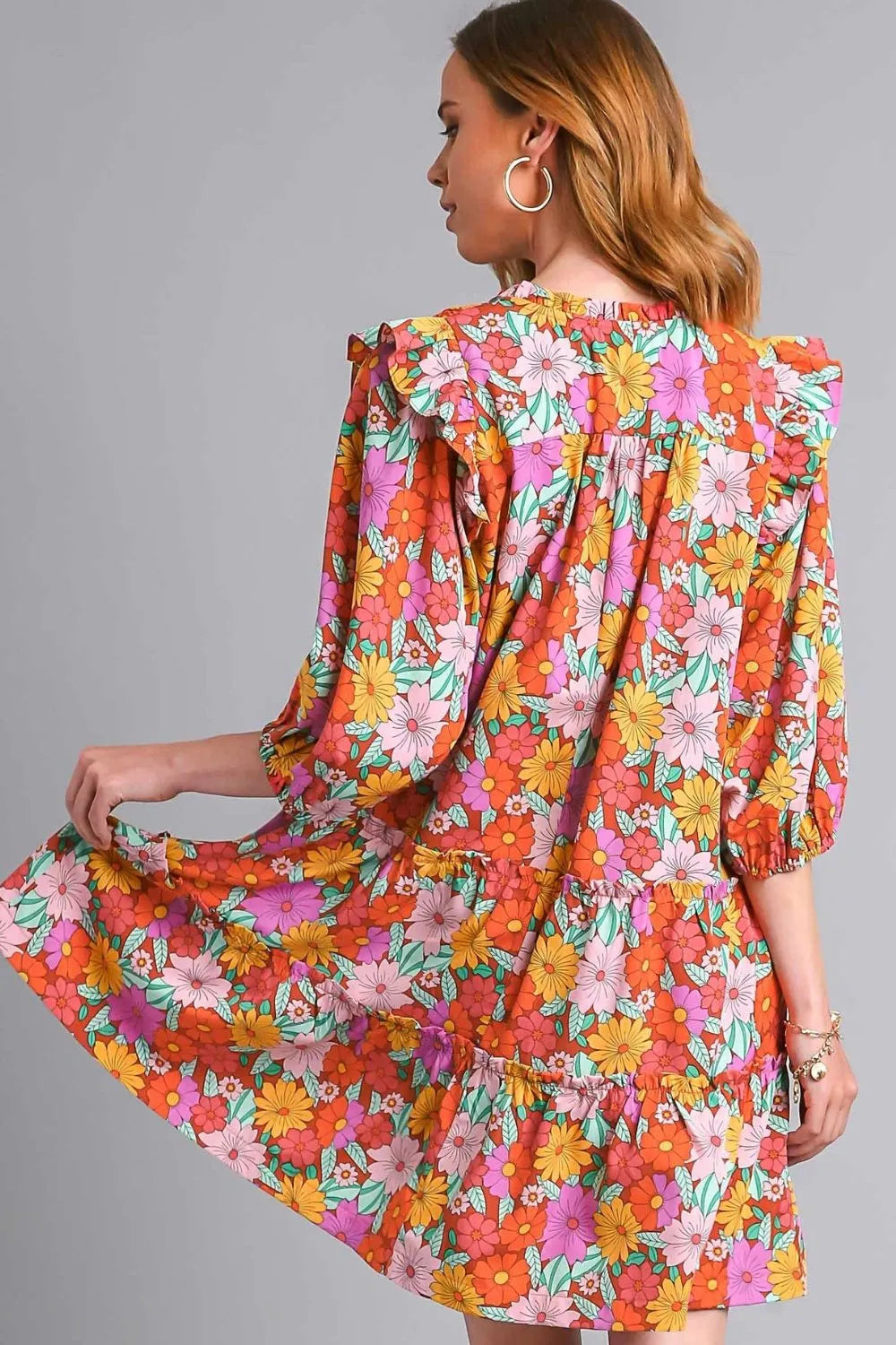 Umgee Full Size Ruffled Flower Print Tie Neck Tiered Dress Plus Size - Farnelli