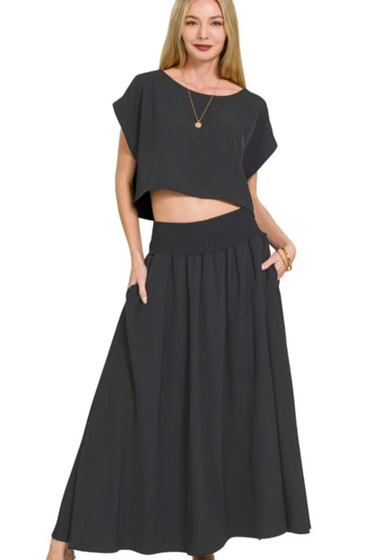 Zenana Heavy Woven Span Crop Tee & Skirt Set - Farnelli
