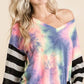 BiBi Tie Dye V Neck Top with Stripe Puff Sleeves - Farnelli