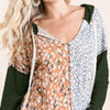 BiBi Popcorn Waffle Knit Hoodie with Print Block Front - OLIVE/MUSTARD