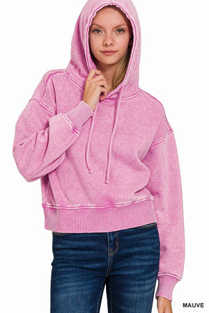 Zenana Acid Wash Fleece Drawstring Cropped Hoodie - Farnelli