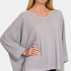 Zenana Waffle Knit V-Neck Long Sleeve Slit Top - Grey