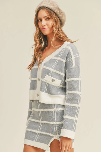 MABLE Plaid Button Down Sweater Cardigan and Mini Skirt Set - Farnelli