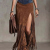 Denim Patchwork Fringe Maxi Skirt - Brown