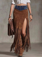 Denim Patchwork Fringe Maxi Skirt - Farnelli