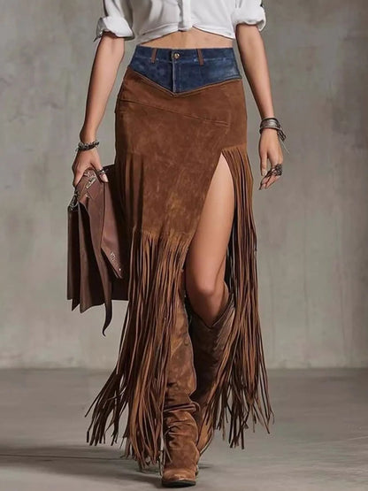 Denim Patchwork Fringe Maxi Skirt - Farnelli