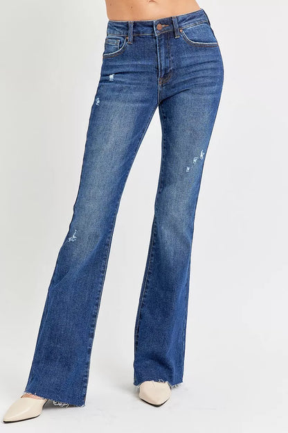 RISEN Full Size Distressed Mid Rise Flare Jeans Plus Size - Farnelli