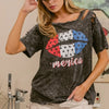BiBi Laser Cut Mineral Washed Old Glory Lip Print Top - BLACK CHARCOAL