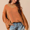 SO ME Oversized Two Tone Textured V Neck Sweater - CAMEL/ORANGE